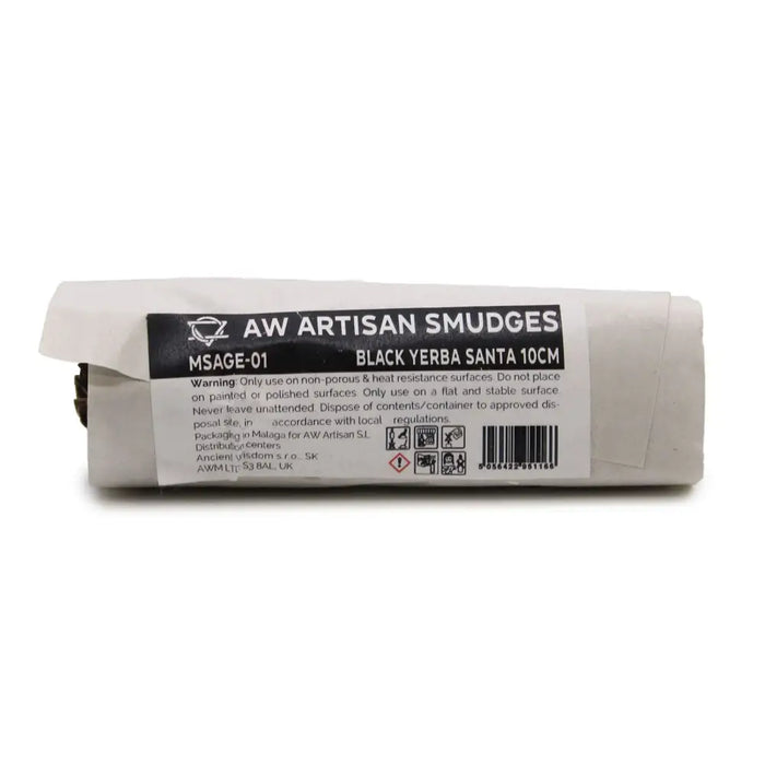A roll of black yerba santa sage smudges wrapped in white paper labeled 10cm artisanal smudge stick