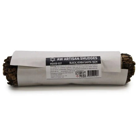 A 15cm black yerba santa smudge stick wrapped in white paper with a label showing brand and usage details