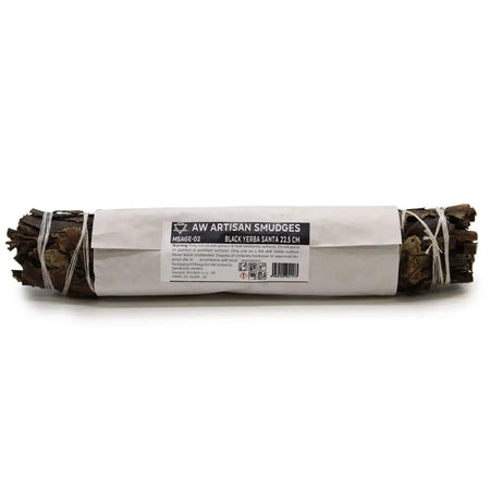 A bundled black yerba santa sage smudge stick wrapped in white paper and tied with silver string 22.5cm long