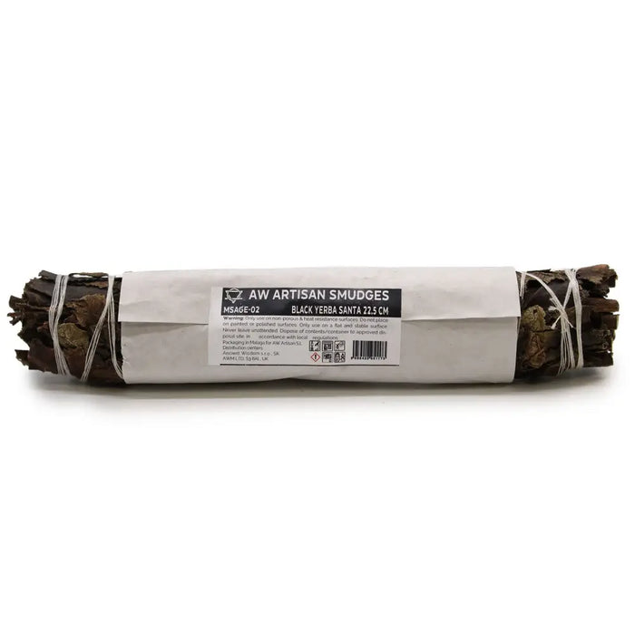 A bundled black yerba santa sage smudge stick wrapped in white paper and tied with silver string 22.5cm long