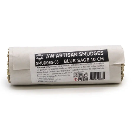 A cylindrical roll of blue sage smudge sticks wrapped in white paper with a black label showing product details