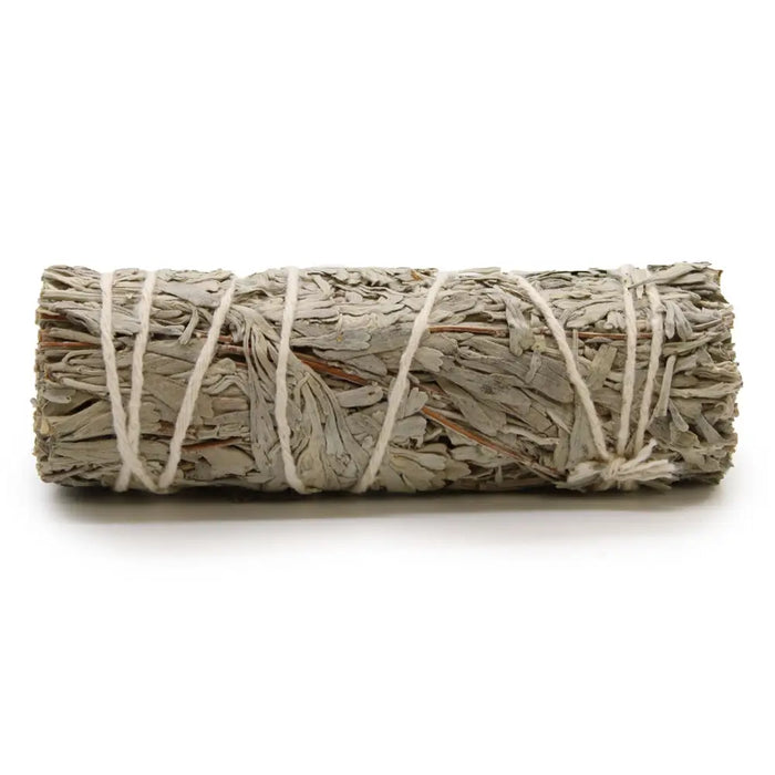 A tightly bound smudge stick of dried blue sage leaves tied with natural twine measuring about 10cm long
