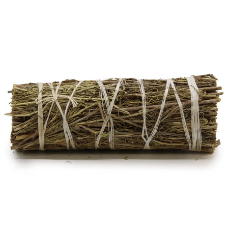 A tightly bound smudge stick of dried desert sage tied with light twine measuring about 10 cm long
