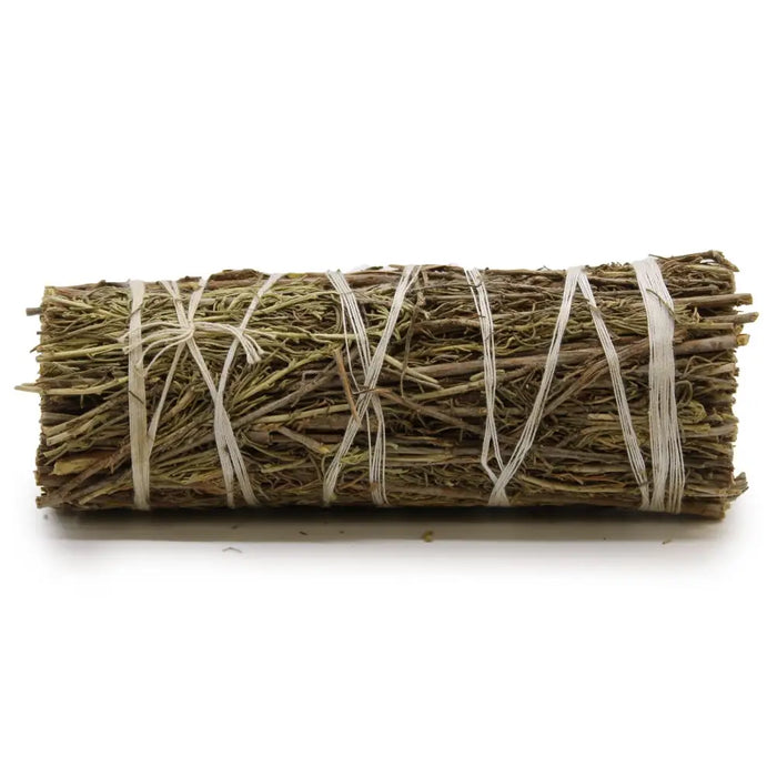 A tightly bound smudge stick of dried desert sage tied with light twine measuring about 10 cm long