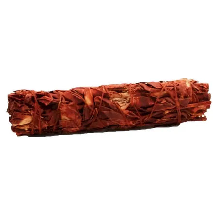 A rustic reddish brown dragons blood sage smudge stick with textured natural fibers about 15cm long