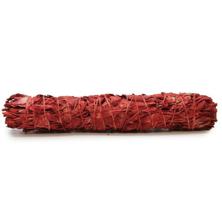 A tightly bound smudge stick of dried red dragons blood sage leaves secured with thin reddish threads measuring 22.5cm