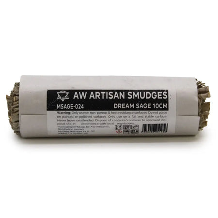 A greenish brown dream sage smudge stick wrapped in white paper with a black artisan label 10cm long