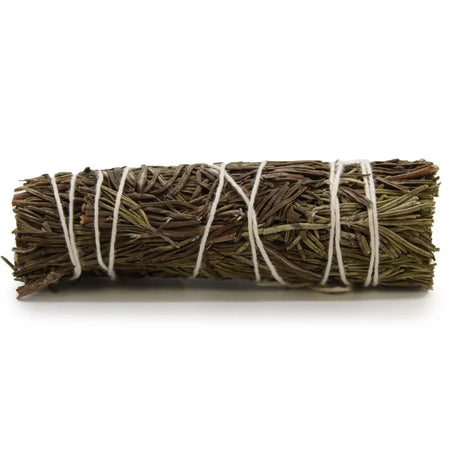 A tightly bound bundle of dried romero sage tied with white twine for smudging measuring 10cm