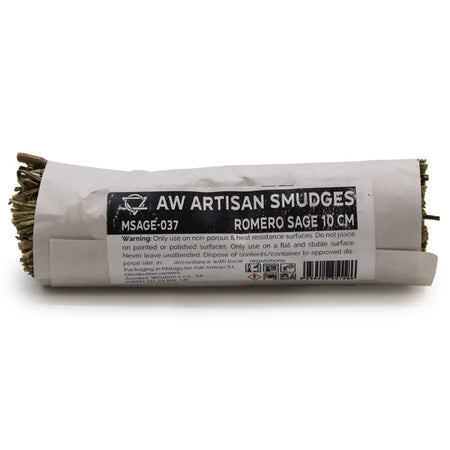 A roll of romero sage smudge sticks wrapped in white paper with a black label showing aw artisan smudges 10 cm