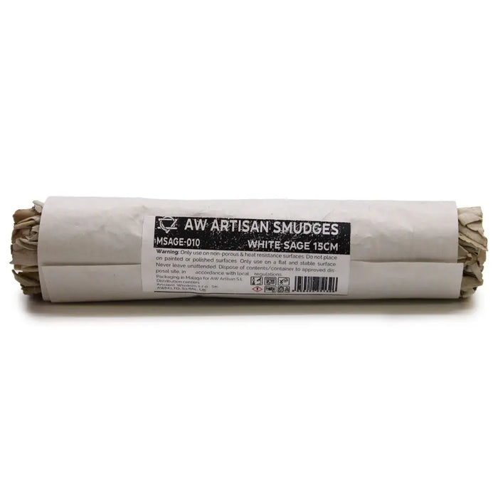 A rolled white sage smudge stick about 15cm long wrapped in paper with a black and white label