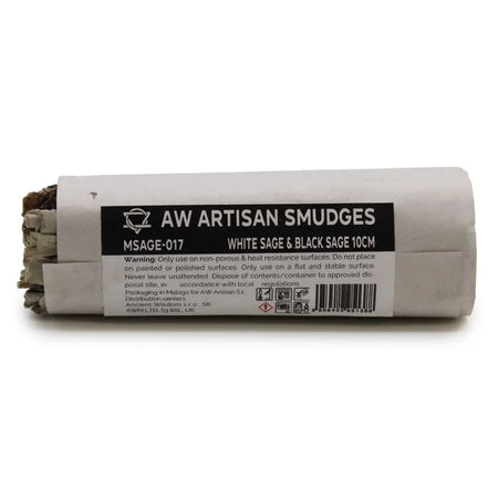 A 10cm smudge stick of white sage and black sage rolled and wrapped in paper with aw artisan smudges label