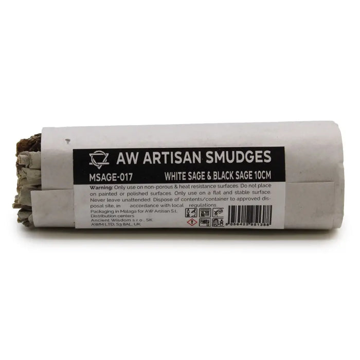 A 10cm smudge stick of white sage and black sage rolled and wrapped in paper with aw artisan smudges label