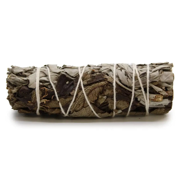 A smudge stick made of tightly bound dried white sage and black sage leaves tied with white twine