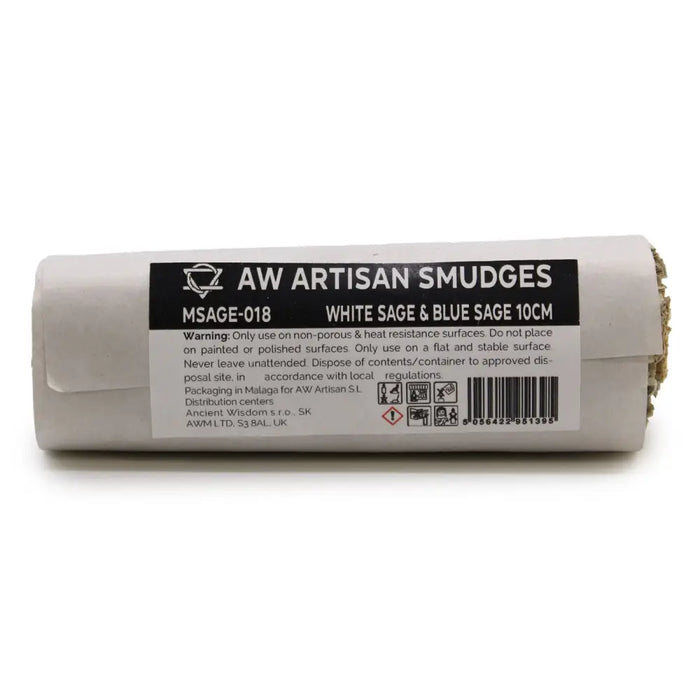 A cylindrical smudge stick package with white sage and blue sage in a 10cm length for cleansing rituals