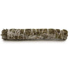 A smudge stick of white sage and cedar tied with white twine used for spiritual cleansing measures 22cm long