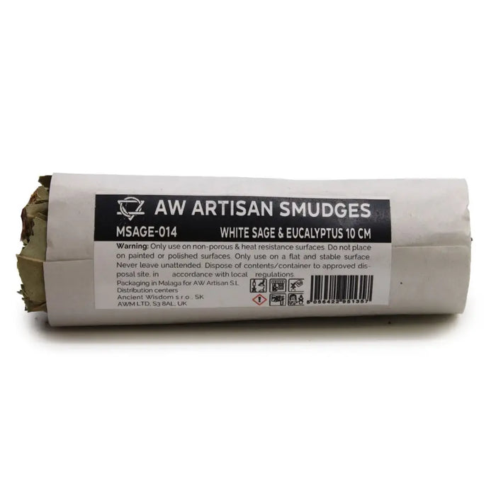 A smudge stick bundle of white sage and eucalyptus wrapped in a paper sleeve with printed labeling measuring 10cm