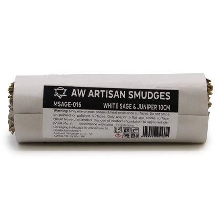 A cylindrical smudge stick of white sage and juniper wrapped in white paper with black labeling measuring 10cm