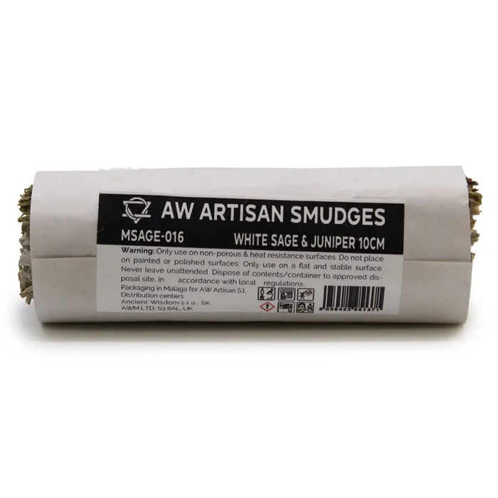 A cylindrical smudge stick of white sage and juniper wrapped in white paper with black labeling measuring 10cm