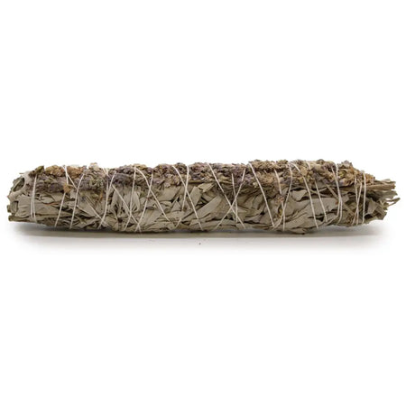 A tightly bound smudge stick of white sage and lavender leaves tied with light twine measuring 22.5cm