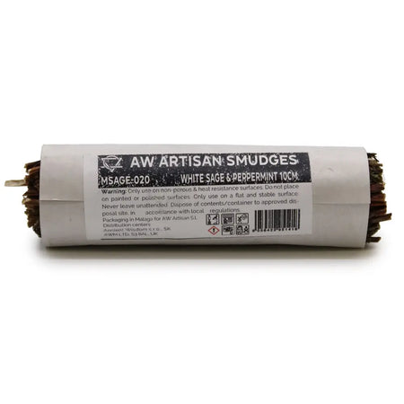 A cylindrical smudge stick with white sage and peppermint wrapped in white paper with black text labeling