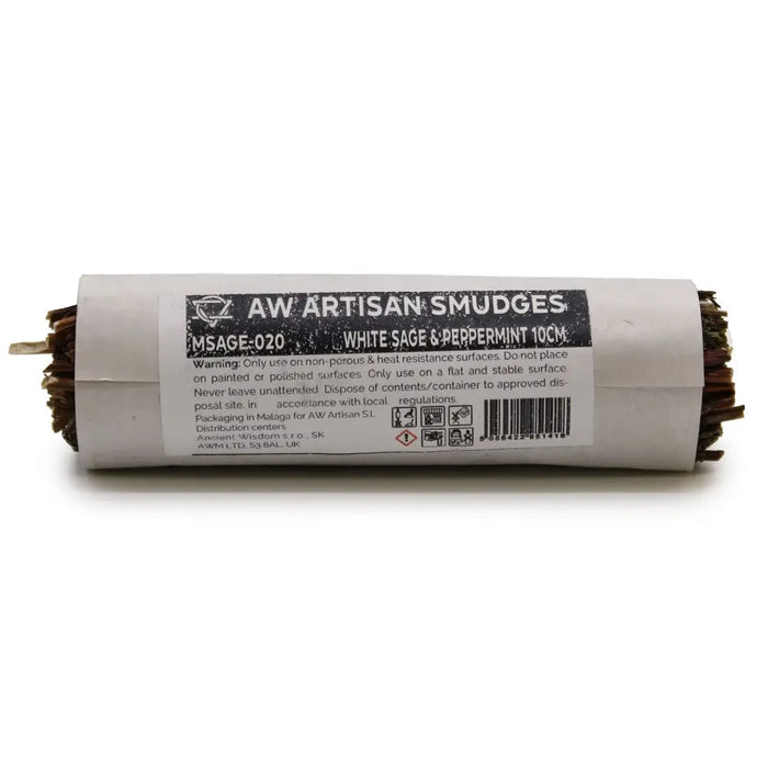 A cylindrical smudge stick with white sage and peppermint wrapped in white paper with black text labeling