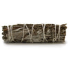 A smudge stick made of white sage and rosemary tied with natural twine showing dried green leaves bundle
