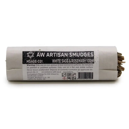 A cylindrical white paper package of aw artisan smudge stick incense with white sage and rosemary label 10 grams