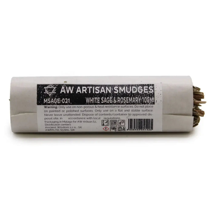 A cylindrical white paper package of aw artisan smudge stick incense with white sage and rosemary label 10 grams