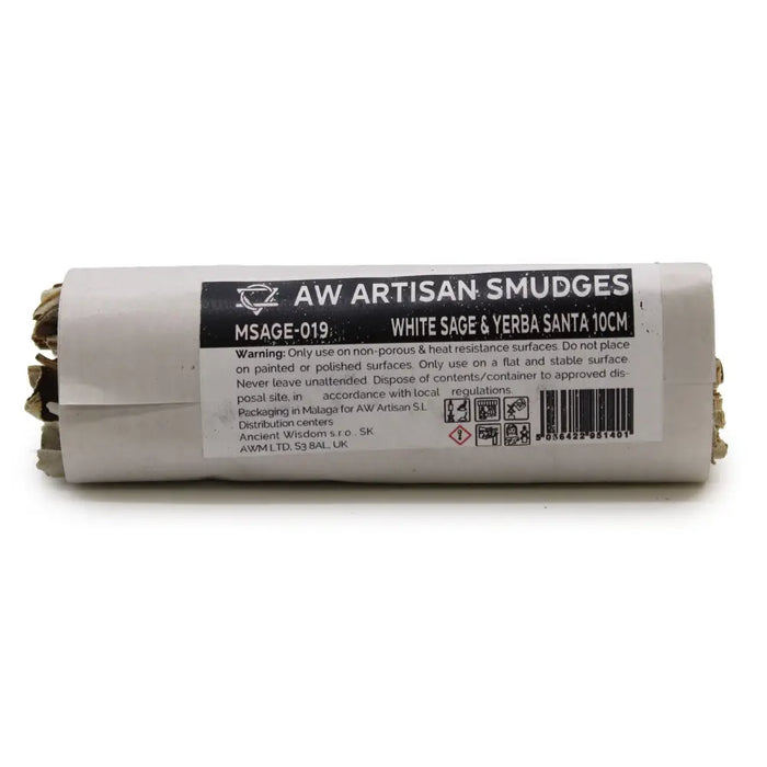 A cylindrical smudge stick package with white sage and yerba santa wrapped in gray paper with black labeling