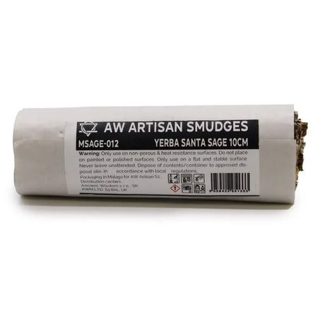 A rolled smudge stick of dried yerba santa sage wrapped in white paper with black labeling, about 10cm long