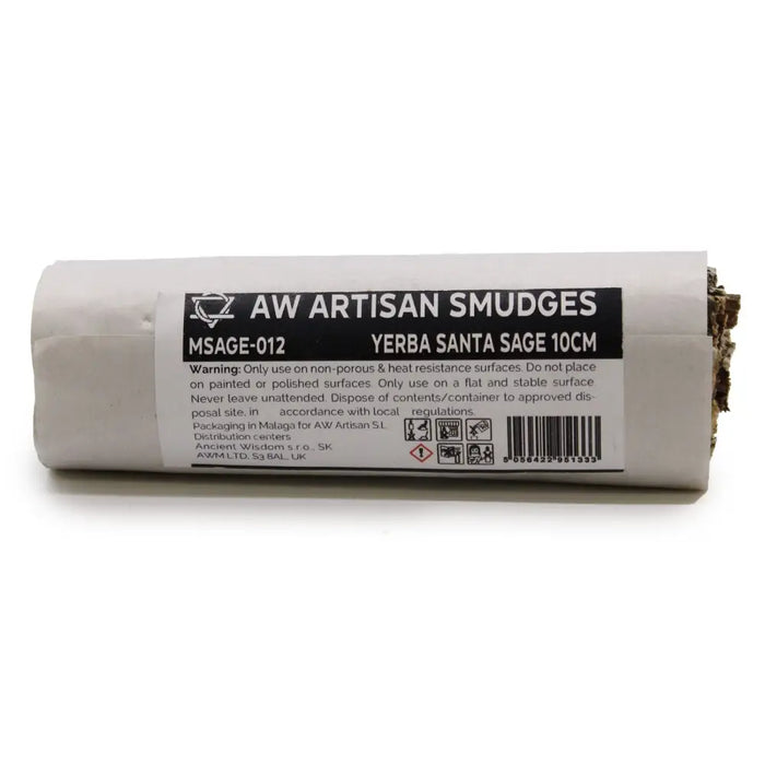 A rolled smudge stick of dried yerba santa sage wrapped in white paper with black labeling, about 10cm long