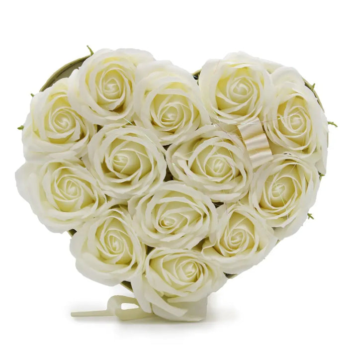 Heart-shaped cream soap flowers arranged with a satin ribbon in a soap flower gift bouquet rose heart design