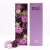Soap flower gift box with purple and white soap flowers in a rectangular box with lavender flower gift box packaging