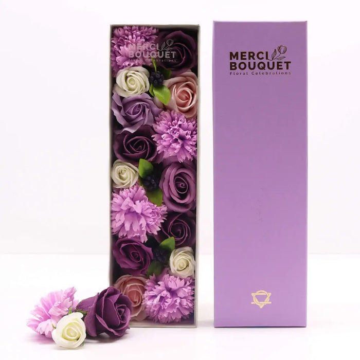 Soap flower gift box with purple and white soap flowers in a rectangular box with lavender flower gift box packaging