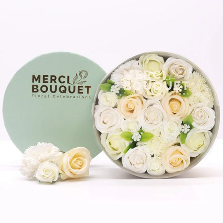 A round light green merci bouquet soap flower gift box with white and ivory artificial roses for wedding blessings