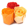 Three colorful foam bath soap roses in red orange and peach hues for a decorative and fragrant bath set