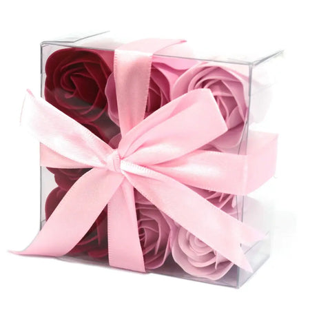 Pink and deep red rose shaped soap flowers in a clear box tied with a soft pink satin ribbon bow set of 9