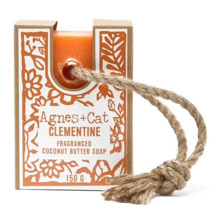 Soap on a rope clementine scented coconut butter soap in orange with a rope loop in a decorative box