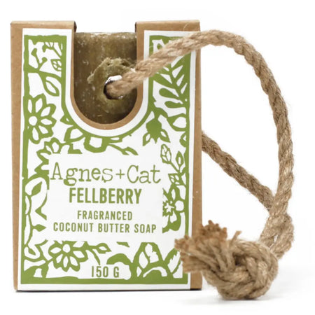 Agnes cat fellberry fragranced coconut butter soap on a rope in a rustic box with green floral design and jute rope