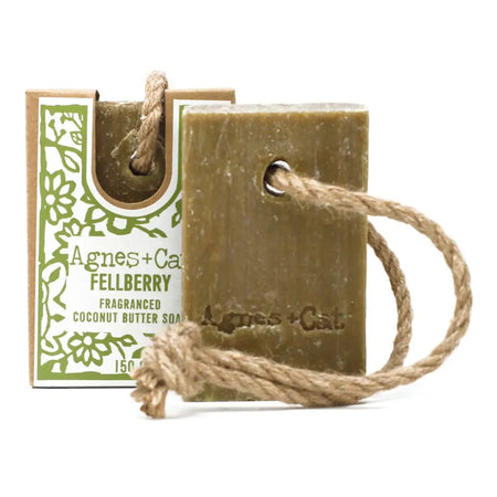 Soap on a rope fellberry with olive green agnes and kate raspberry scented coconut oil soap and hemp rope loop