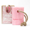 Pink rectangular bar of agnes cat japanese bloom fragranced coconut butter soap with natural twine rope loop for hanging