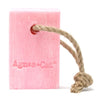 Pink rectangular soap on a rope with natural twine branded agnes plus cat scented japanese bloom
