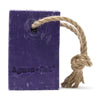 Purple rectangular soap on a rope with natural twine and agnus cat branding designed for provence soap use