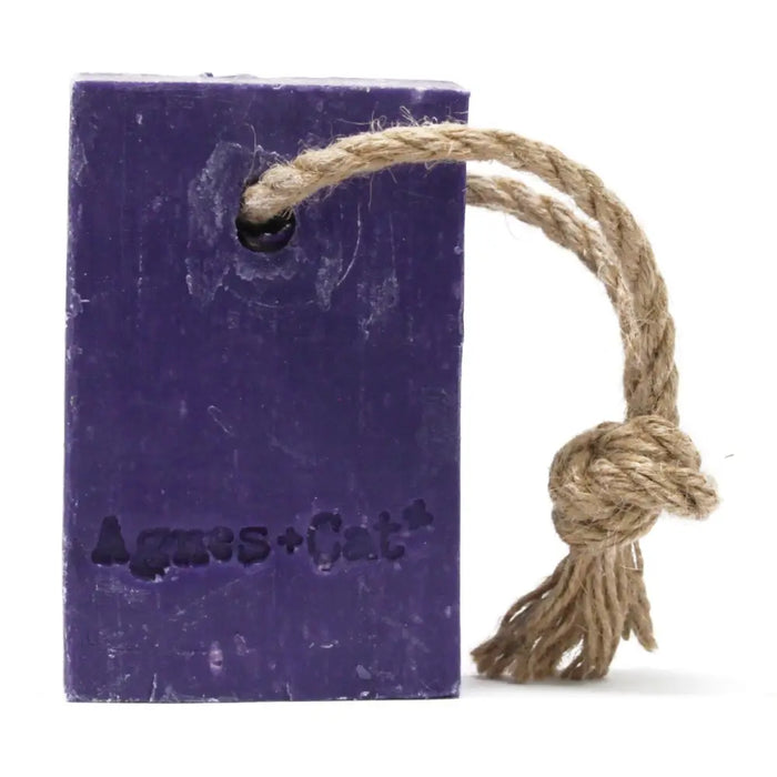 Purple rectangular soap on a rope with natural twine and agnus cat branding designed for provence soap use