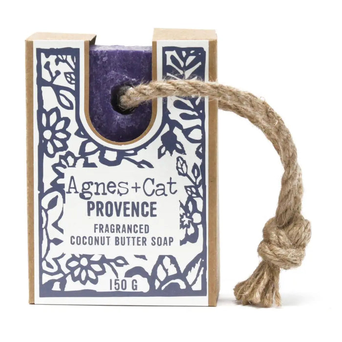 Purple agnes cat provence fragranced coconut butter soap in decorative box with rope loop for soap on a rope use