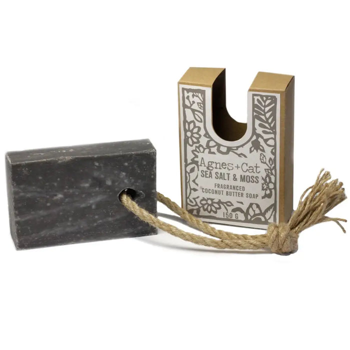 Dark gray rectangular soap on a rope with sea salt and moss scent tied with natural jute rope by agnes+cat