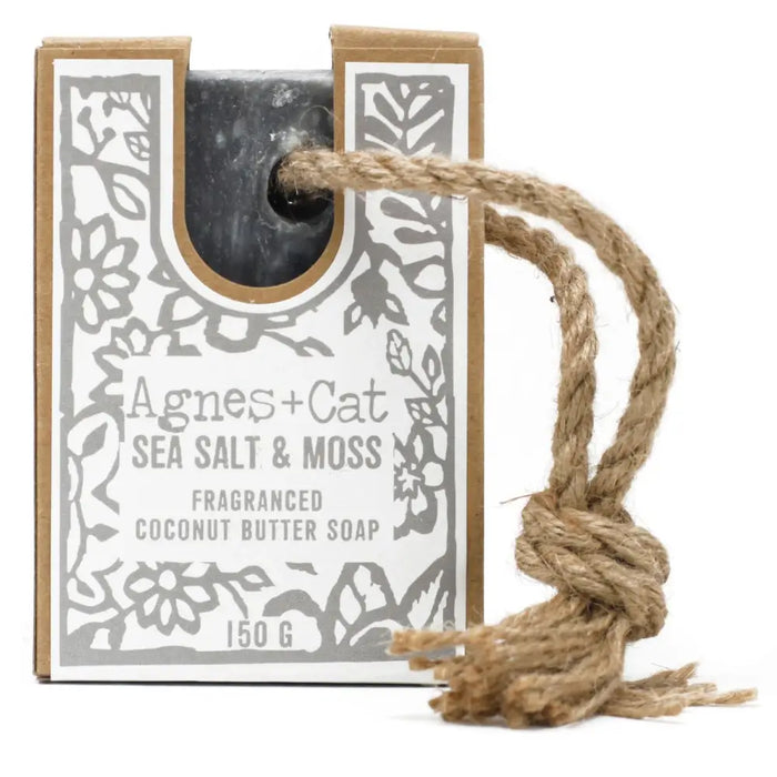 A dark gray rectangular soap on a rope made of coconut butter with sea salt and moss fragrance and natural twine loop