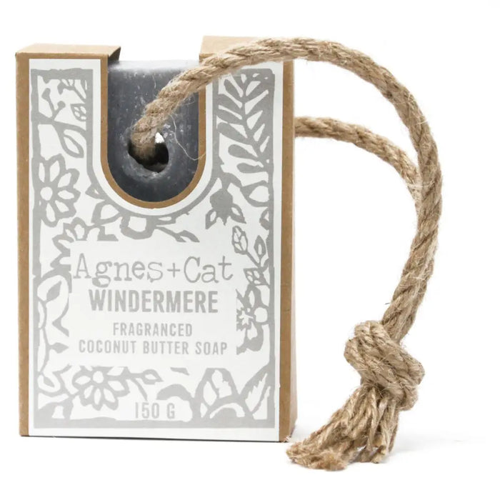 Ages cat windermere soap on a rope fragranced with coconut butter in a rustic box with gray floral design and twine