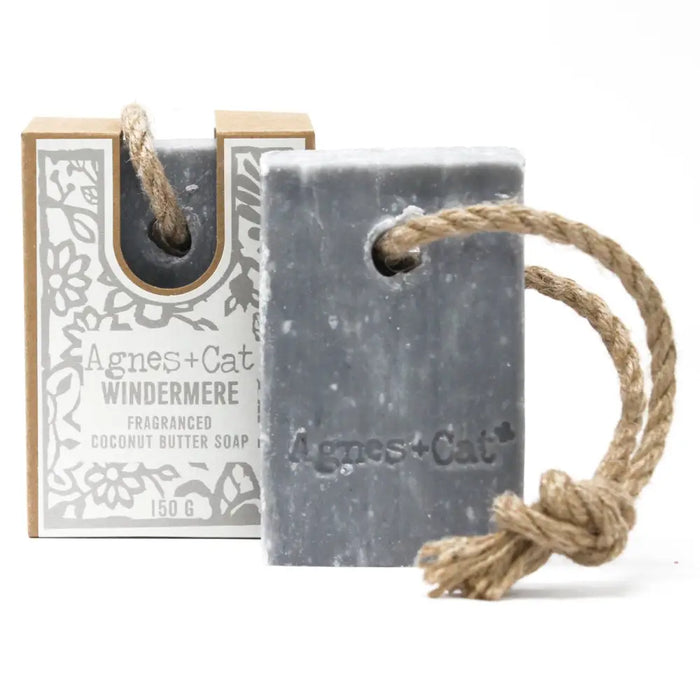 Gray rectangular agnes cat windermere fragranced coconut butter soap on a rope with natural twine loop for hanging