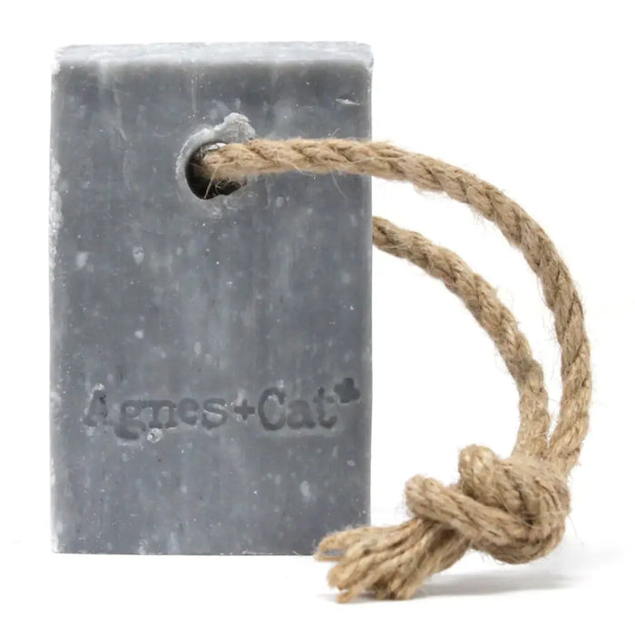 Gray rectangular soap on a rope with natural twine loop and agnes+cat engraving called soap on a rope windermere
